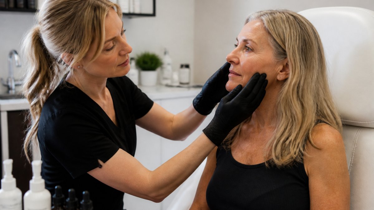 Professional demonstrating skin assessment consultation with client in modern clinical setting, examining facial skin with natural lighting