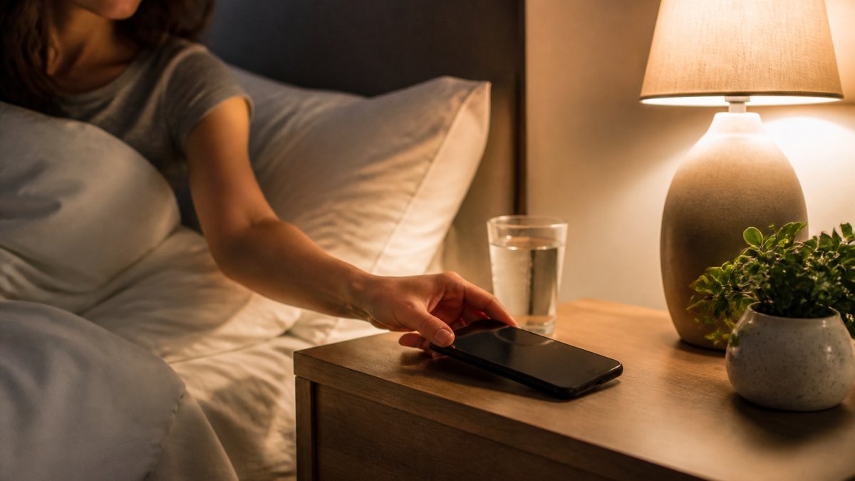 A calm bedroom at night with a person setting a phone face-down on a nightstand, soft warm lamp light, suggesting a digital detox before sleep