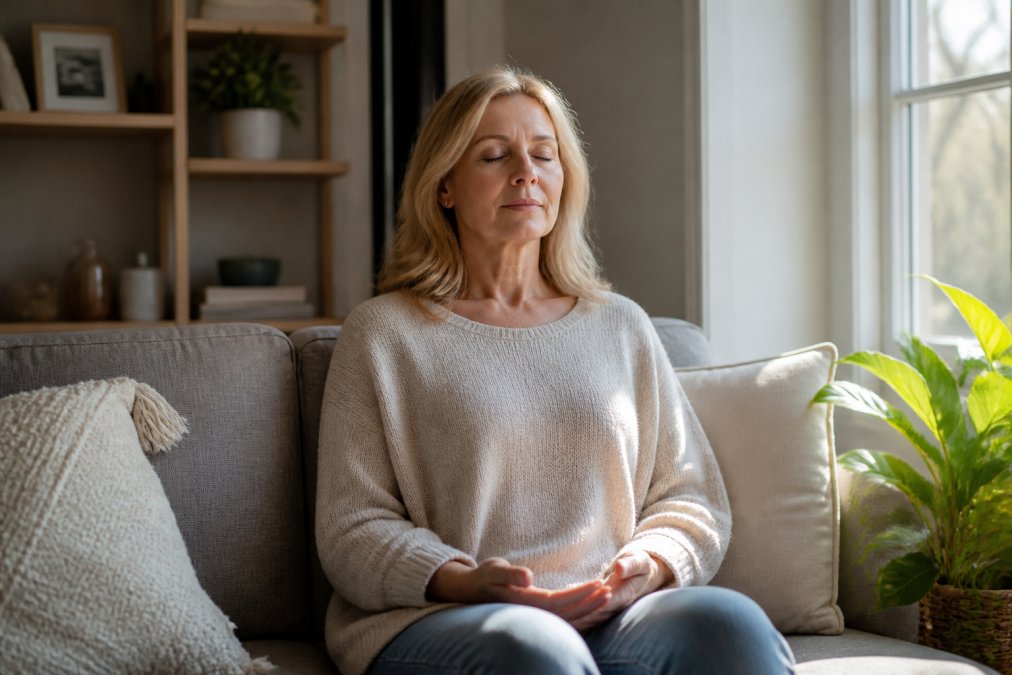 Woman sitting on a couch practicing muscle relaxation to manage perimenopause rage naturally in a calm home setting.