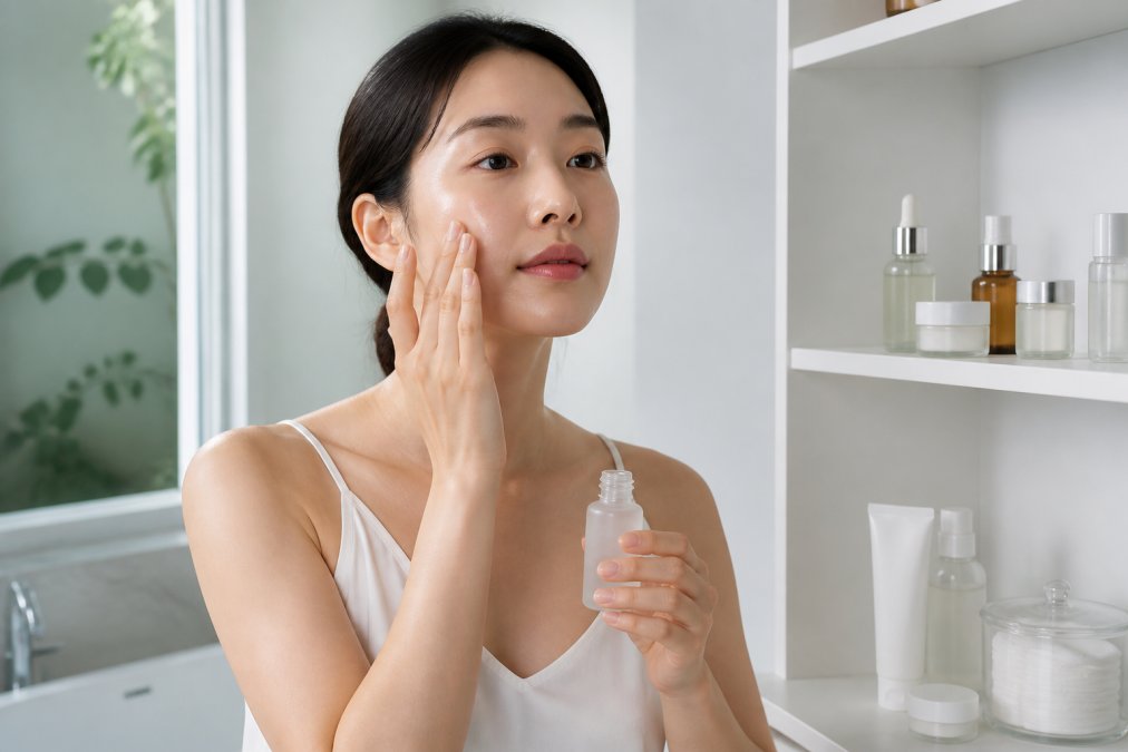 Person applying lightweight Korean serum to face in bright, minimalist bathroom with neatly arranged skincare products on white shelf and soft natural window lighting