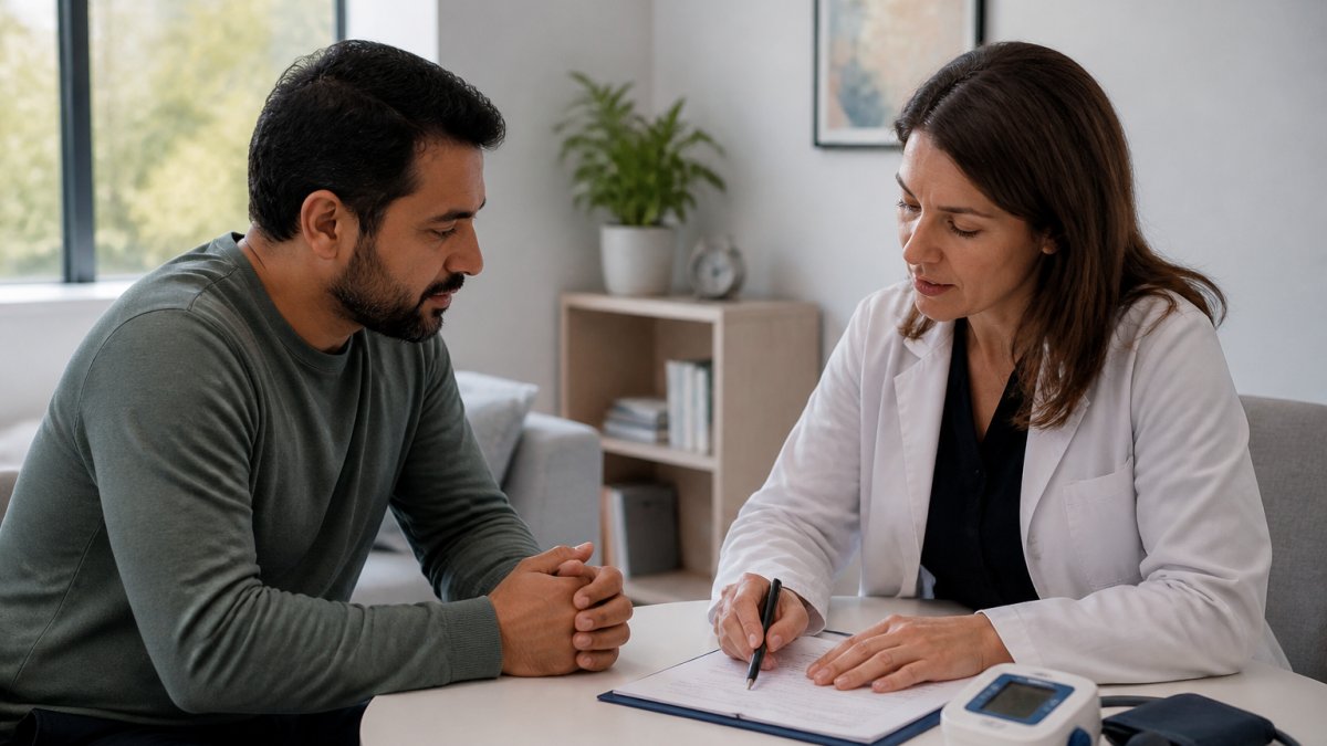 Psychiatrist and patient reviewing a treatment-resistant depression plan with safety monitoring tools