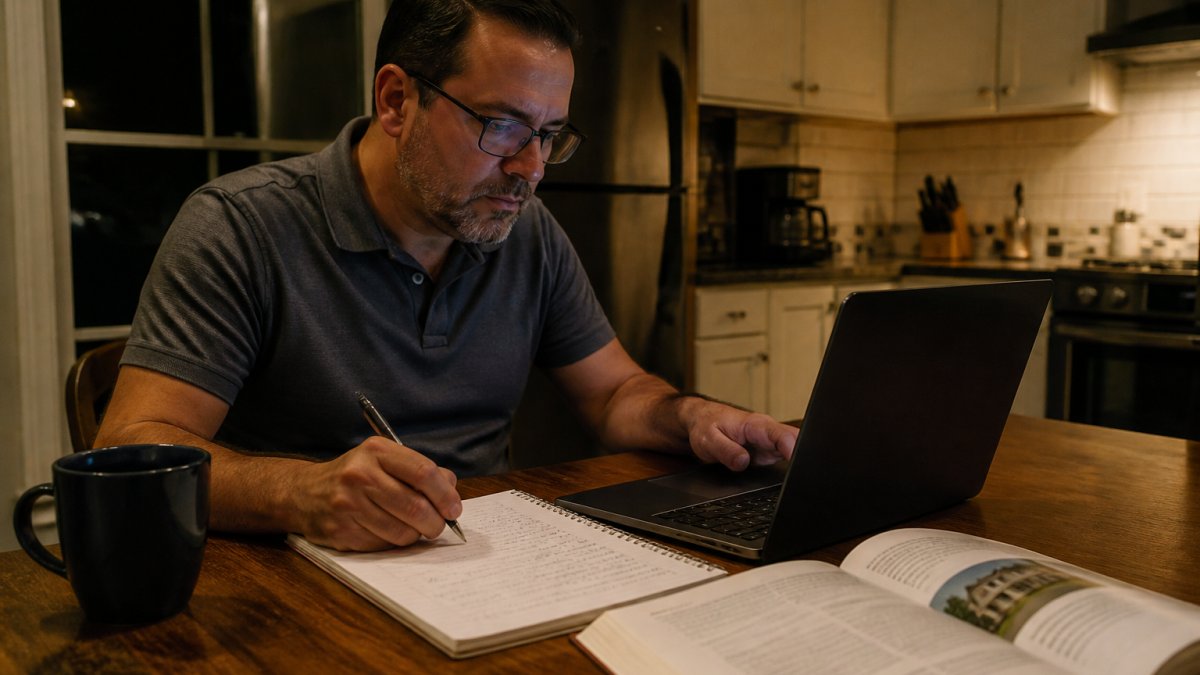 A person in their 40s studying at a kitchen table in the evening with a laptop, notebook, and coffee mug, warm home lighting, focused expression