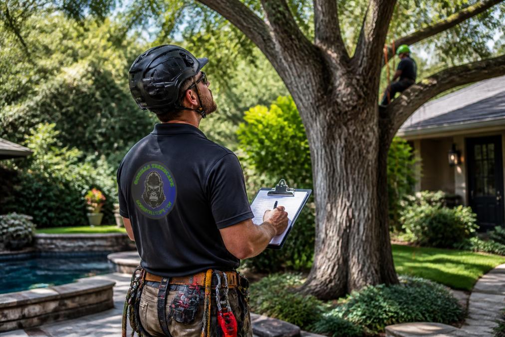 Professional arborist assessing a large oak tree with measuring tools and clipboard, evaluating branch structure and height in residential backyard setting with natural sunlight