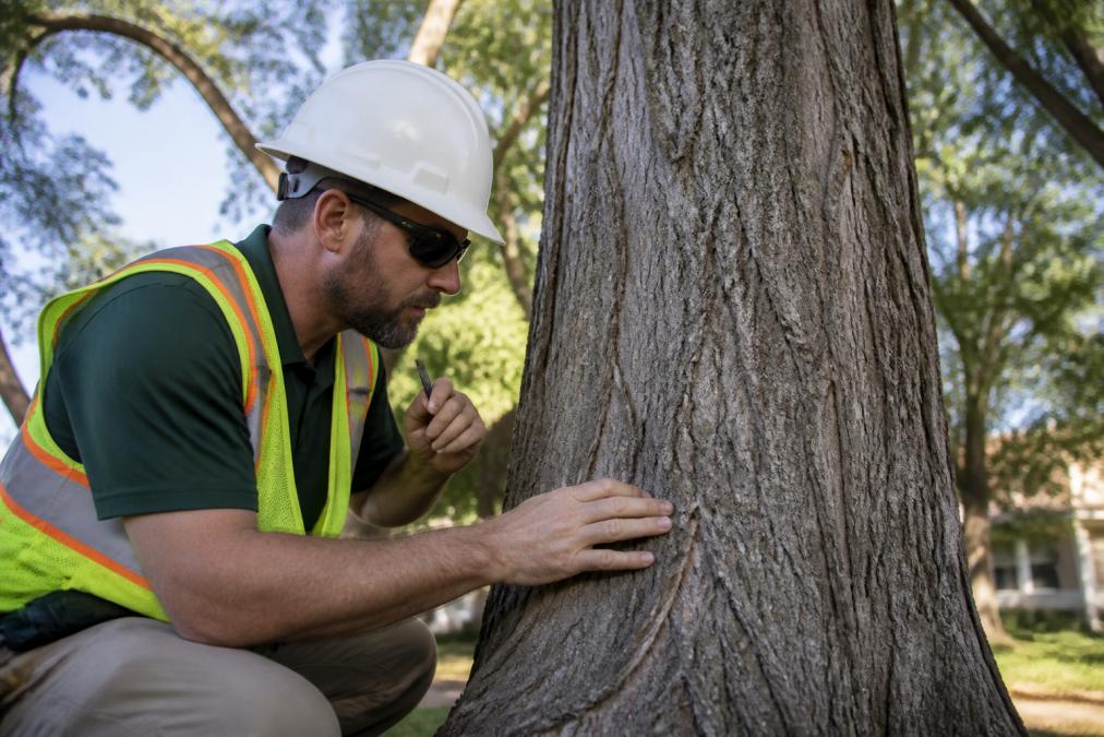 Professional arborist inspecting tree bark and branch structure for tree trimming near me assessments.