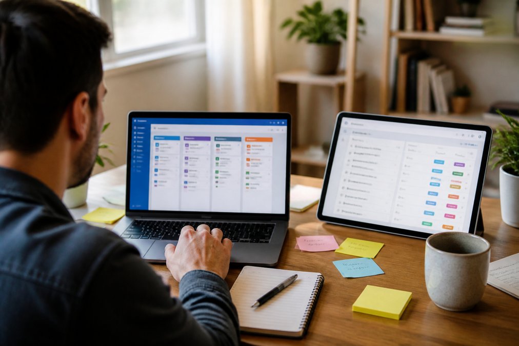 A project manager comparing two task management dashboards side by side on a laptop and tablet in a bright home office, sticky notes and a coffee mug on the desk