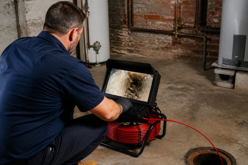 Professional technician operating sewer camera inspection equipment with monitor displaying interior pipe conditions, showing root intrusion and structural damage in historic clay pipe