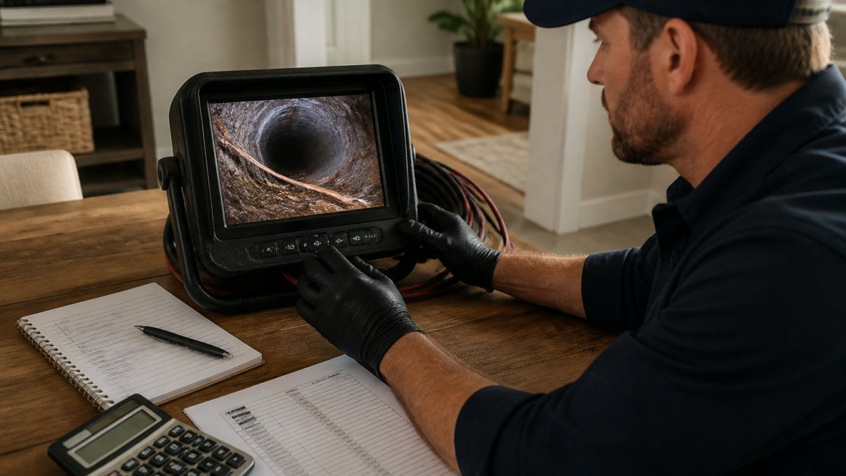 Professional plumber holding sewer camera monitor displaying live underground pipe footage with visible cracks and root intrusion on screen