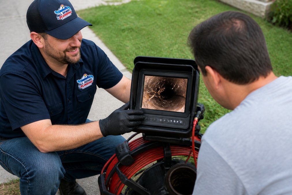 Professional technician holding sewer camera inspection monitor displaying interior clay pipe with visible root intrusion and cracks, in bright outdoor work setting