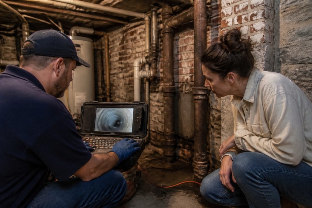 A technician in work clothes reviewing a sewer camera monitor in the basement of an older home with exposed brick and aged pipes