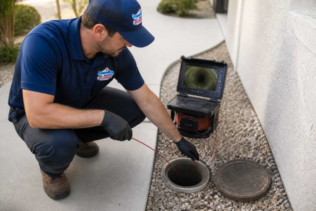 Professional plumber inserting a flexible camera inspection rod into a sewer cleanout, with the technician monitoring the live feed on a portable screen while examining the interior pipe condition
