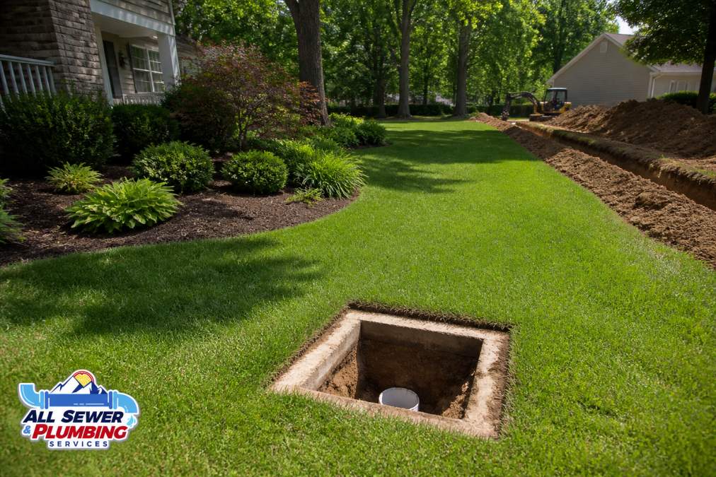 Residential yard showing a single small excavation access pit for trenchless sewer repair with intact landscaping, grass, and mature trees in the background, contrasted with visible soil disruption from traditional trenching visible in adjacent property