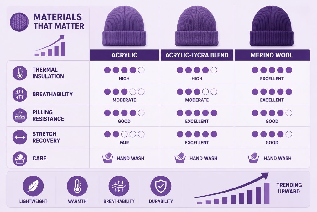 Comparison matrix evaluating thermal and material properties of trending beanies by fabric type