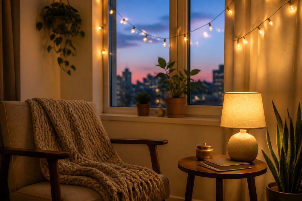 A cozy apartment corner at dusk with a small table lamp glowing on a side table, a warm string light garland draped across a window, and a soft throw blanket on a chair