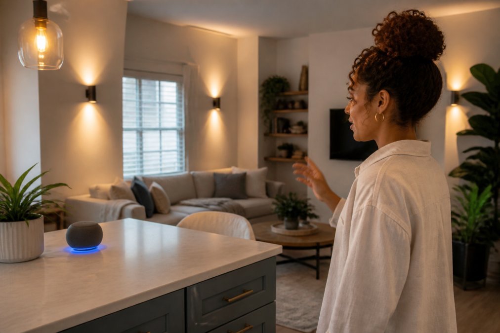 Bright modern living room with a smart display positioned on the kitchen counter, smart lighting fixtures visible on white walls, and a person using voice commands to adjust the room's ambiance with warm lighting