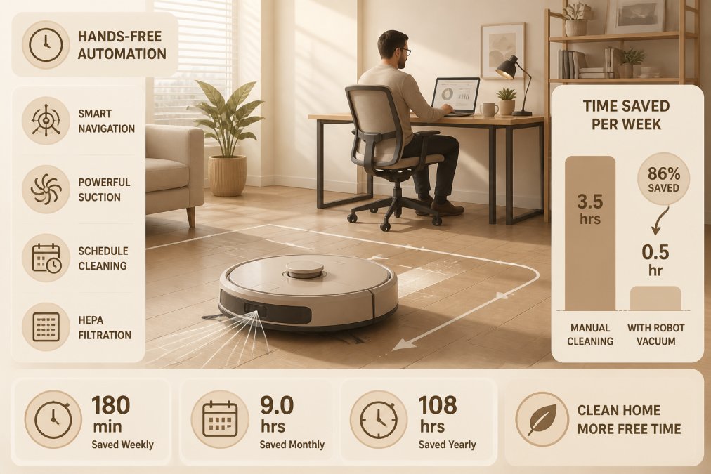 Modern home interior showing a sleek robot vacuum cleaning hardwood floors with precision while a busy professional works at an ergonomic desk in the background, demonstrating hands-free automation in action with natural afternoon sunlight