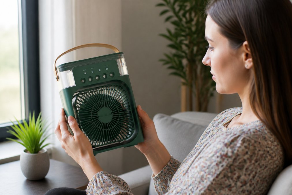 Person holding a portable 3-in-1 air cooler fan, examining it closely in natural light, checking the build quality and features and construction details