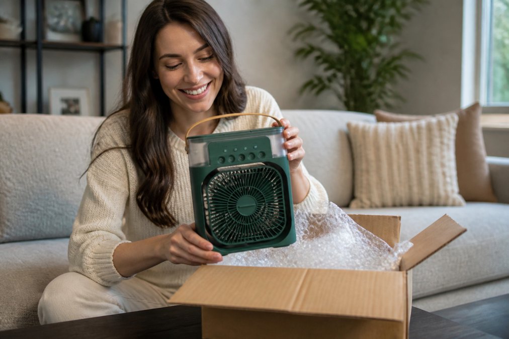 Customer unboxing a trending product delivery at home, smiling with satisfaction, showing the packaging and product quality in natural home lighting