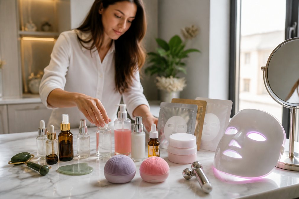 Professional beauty expert arranging trending personal care products 2026 on marble vanity with natural morning light, including masks, serums, and beauty devices