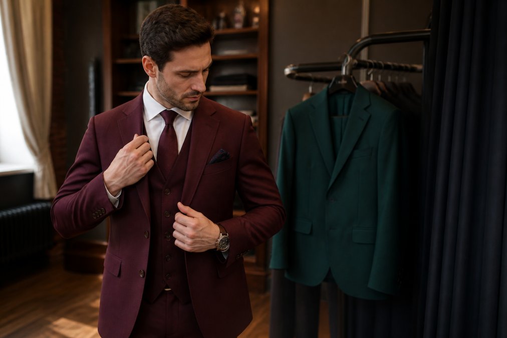 A man in a deep burgundy three-piece suit with a matching waistcoat standing in a softly lit room, adjusting his lapel, with a second suit in emerald green visible on a rack behind him