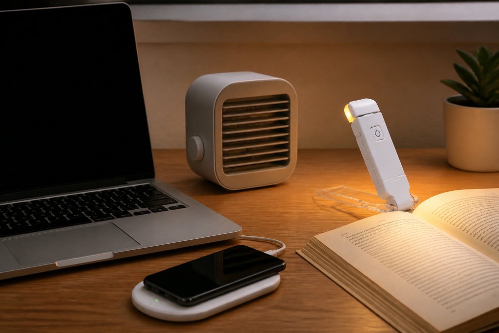 A clean, organized home office desk with a wireless charger, clip-on book light, and compact air cooler fan arranged neatly beside a laptop, shot in warm amber ambient lighting against a light wood surface