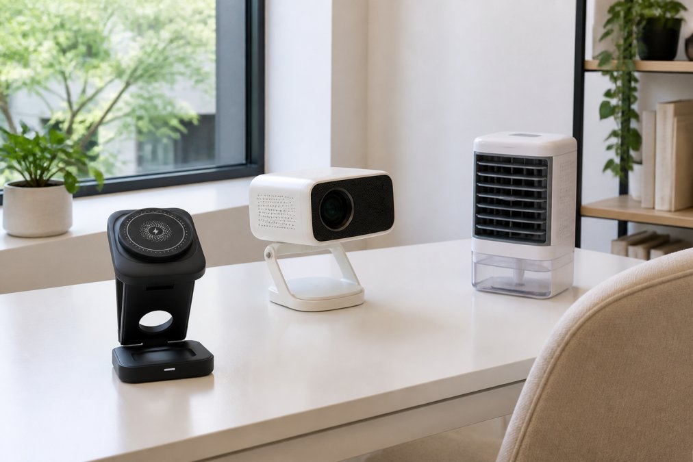 A compact apartment desk setup with a foldable wireless charger, mini portable projector, and small air cooler fan arranged on a minimal white desk in a small sunlit room, showing a tidy, clutter-free workspace