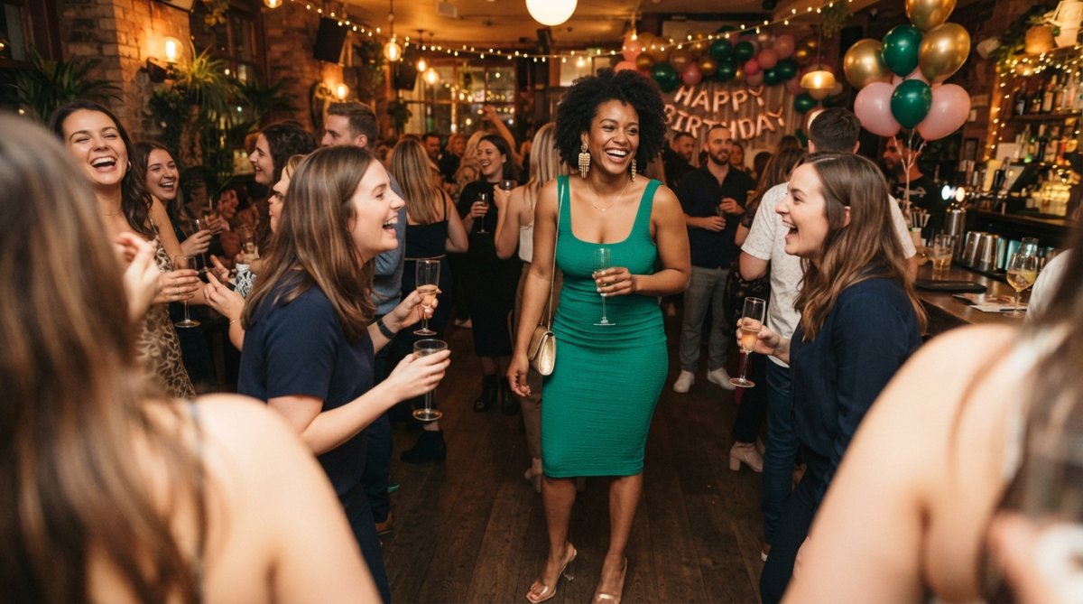 Confident woman wearing a vibrant jewel-tone bodycon dress at an indoor birthday celebration, accessorized with statement gold earrings, clear heels, and a small metallic clutch, standing under warm ambient lighting with a subtle smile