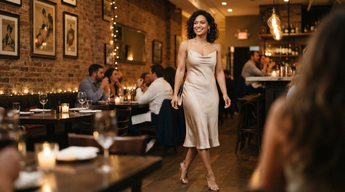 A confident woman in a sleek champagne satin slip dress and strappy stiletto heels, posing in a warmly lit upscale restaurant with candles and exposed brick in the background, radiating a birthday-night-out energy