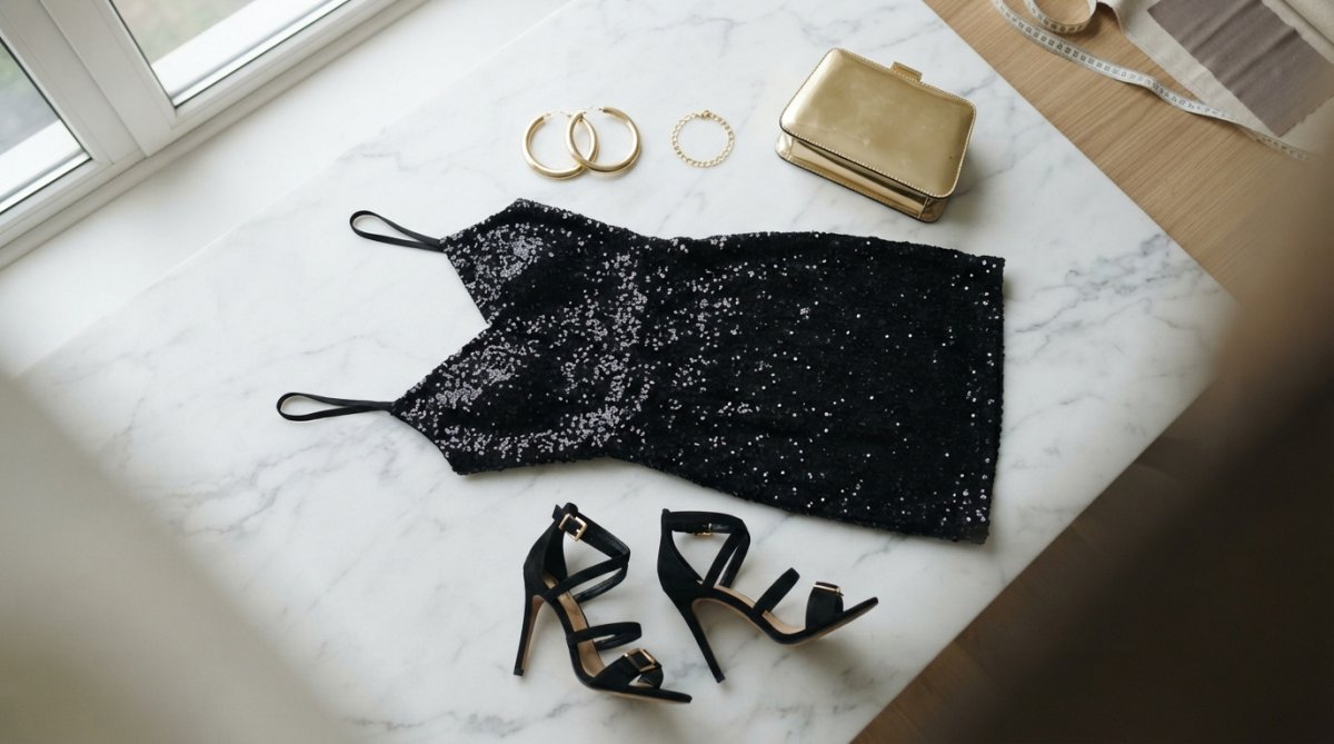 Flat lay on a white marble surface of a complete birthday outfit: a black sequined mini dress, a small gold patent leather clutch, oversized gold hoop earrings, a thin gold bracelet, and strappy black stiletto heels, arranged with clean spacing and soft natural lighting
