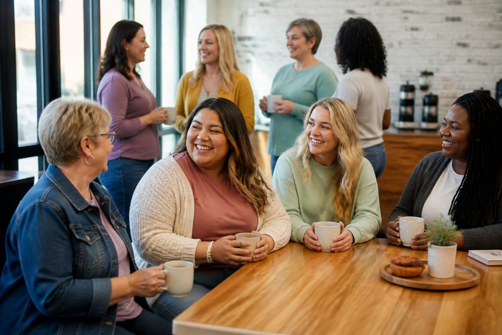 Diverse group of women of varying ages and body types wearing different faith-based apparel styles, some in graphic tees, some in long sleeves, some layered with cardigans, gathered at a casual church coffee meetup with natural lighting