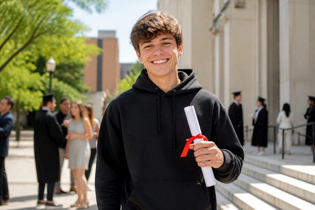 A happy high school senior wearing a black graduation hoodie, holding a diploma, smiling in a sunny outdoor setting after the ceremony