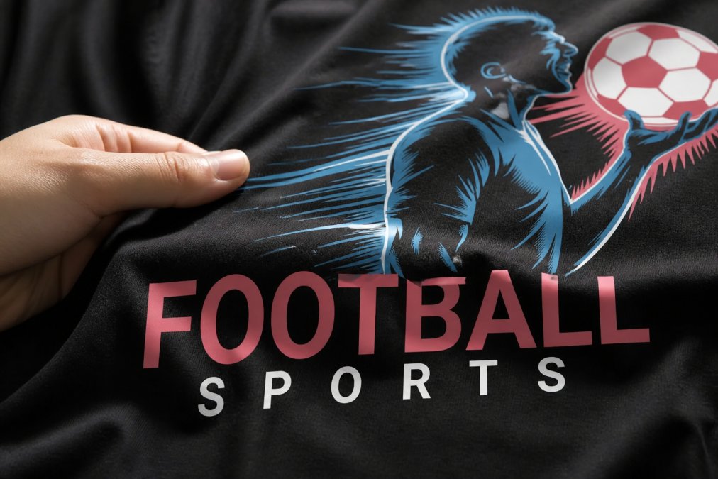 Close-up of premium cotton fabric texture from a graphic tee, showing the soft weave and DTG print detail with a hand touching the shirt to demonstrate comfort and quality