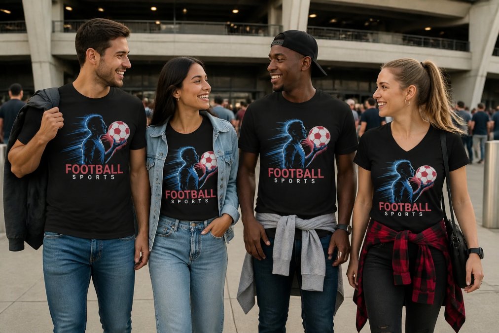 Group of football fans wearing different graphic tees styled for game day, standing together at a stadium entrance, mixing crew neck and v-neck styles paired with jeans, jackets, and casual accessories