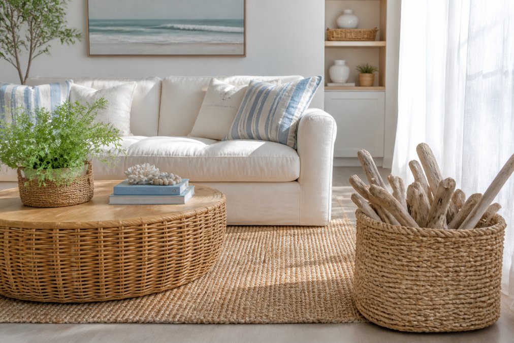 A bright, airy coastal living room with a linen sofa, rattan coffee table, blue and white striped accent pillows, jute rug, and a woven basket filled with driftwood, styled with natural light coming through sheer curtains