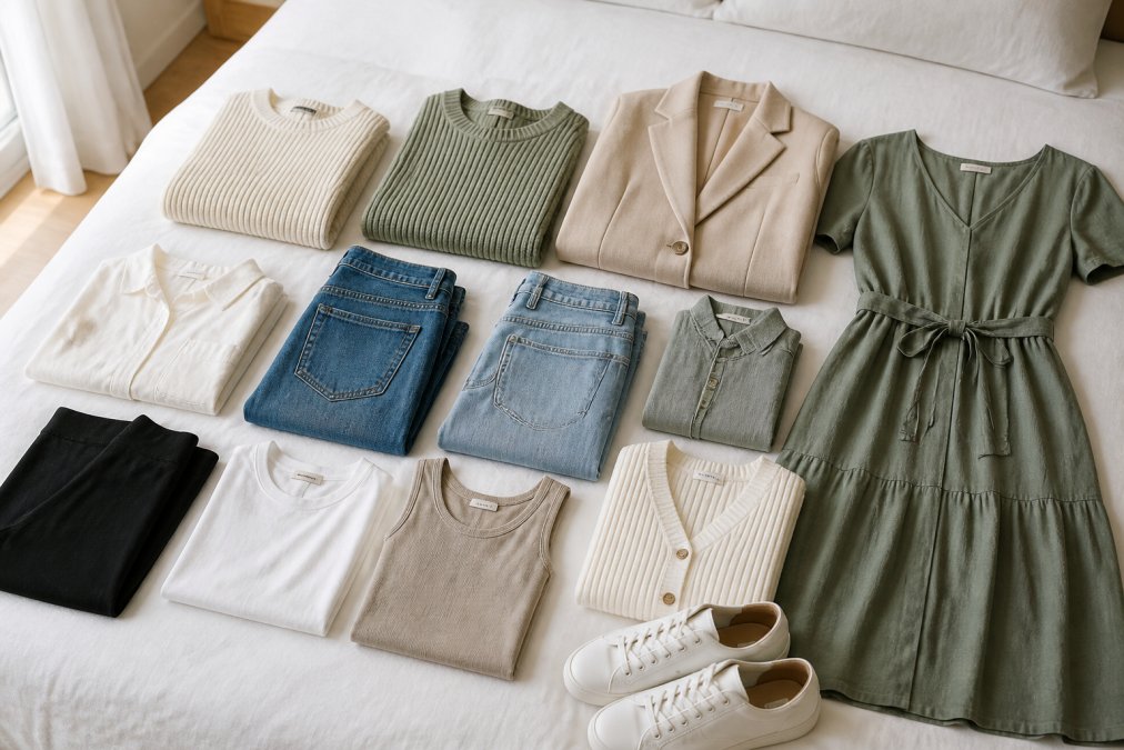 A flat-lay of neatly folded and arranged wardrobe staples on a clean white surface, including neutral-toned knit sweaters in cream and sage, folded straight-leg denim, a midi dress, a structured blazer, and white low-profile sneakers, arranged in a calm minimal color palette with soft natural light from the side