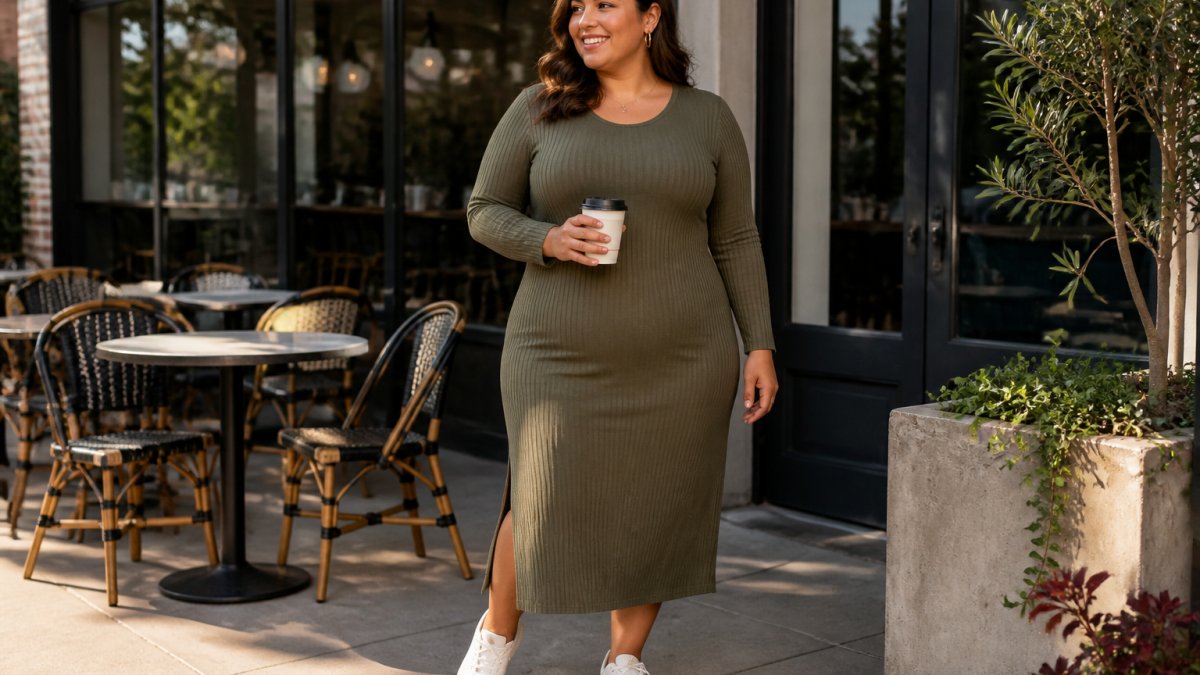 A confident plus-size woman in her 30s wearing a ribbed side-slit midi dress with white sneakers, standing outside a sunlit cafe with a coffee cup, smiling naturally