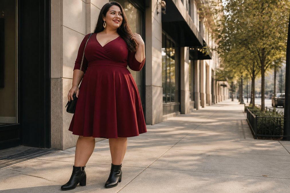 A confident plus-size woman in a fashion-forward fit-and-flare dress in deep burgundy, styled with gold statement earrings and block-heeled ankle boots, standing on a sunlit urban sidewalk with warm natural light
