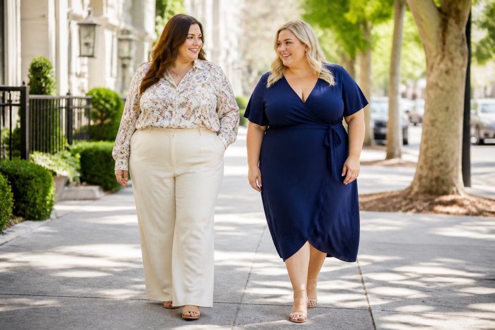 Two plus-size women standing outdoors on a sunny street, one wearing wide-leg cream trousers with a tucked floral blouse, the other in a navy wrap dress with a cinched waist, both smiling and looking confident in natural daylight