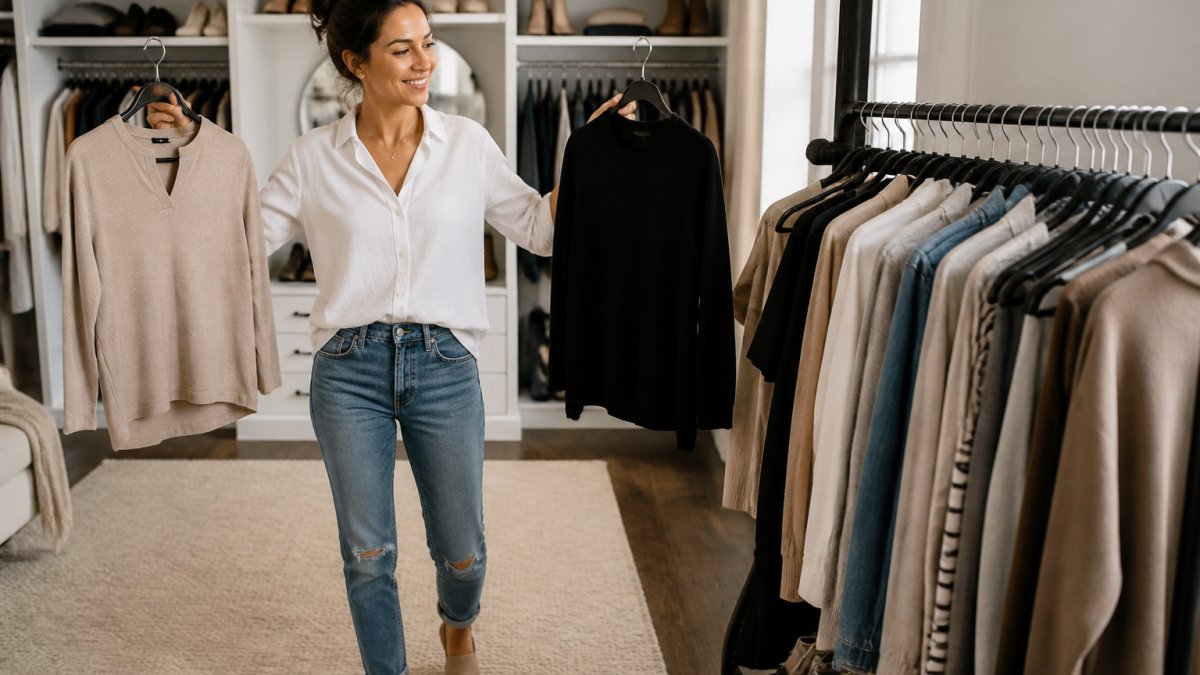 A woman in her thirties standing in a bright, organized walk-in closet, holding up two versatile tops and smiling as she plans outfits on a clothing rack