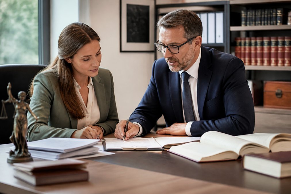 Rechtsanwalt bei der Beratung mit Mandant im modernen Büro, beide sitzend an einem Schreibtisch mit Dokumenten und Notizen