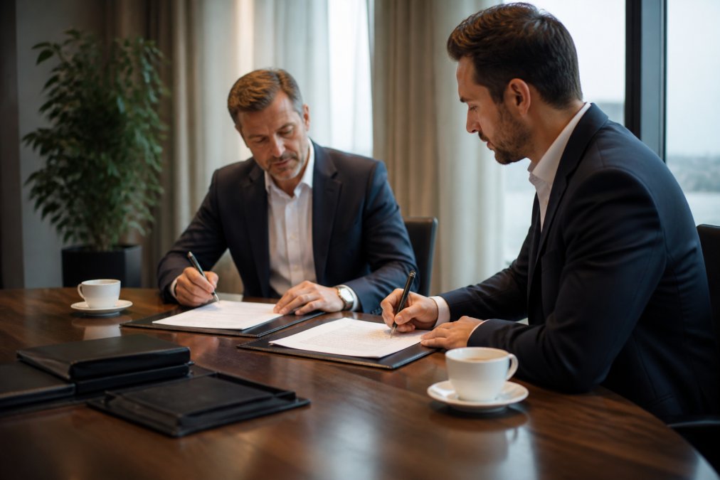 Zwei Geschäftspersonen unterzeichnen Treuhandvertrag an modernem Konferenztisch mit Dokumenten, Kaffee und professioneller Beleuchtung