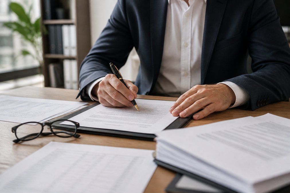 Geschäftsperson unterzeichnet Treuhandvertrag an einem Schreibtisch mit mehreren Dokumenten, Stift und Brille in modernem Büro mit natürlicher Beleuchtung