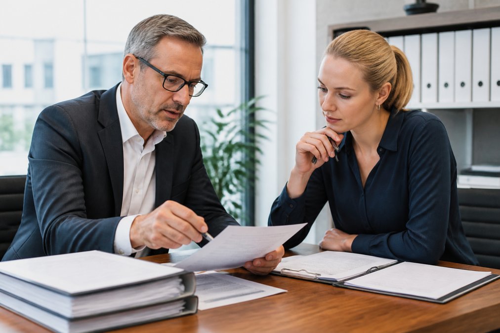 Zwei Fachleute besprechen Unterlagen und Gebührenstruktur in einem modernen Büro mit Dokumenten auf dem Schreibtisch und natürlicher Beleuchtung