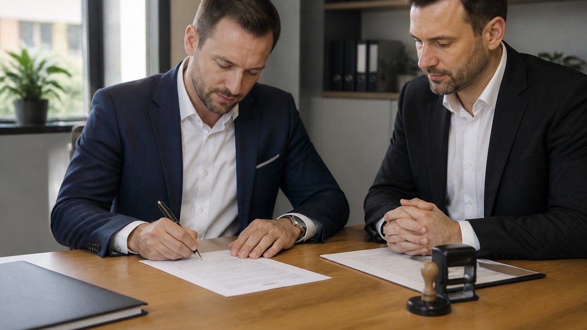 Geschäftsführer und Treuhänder-Vertreter in modernem Büro bei der Unterzeichnung von Treuhanddokumenten, mit Vertragsunterlagen und Stempel auf dem Schreibtisch