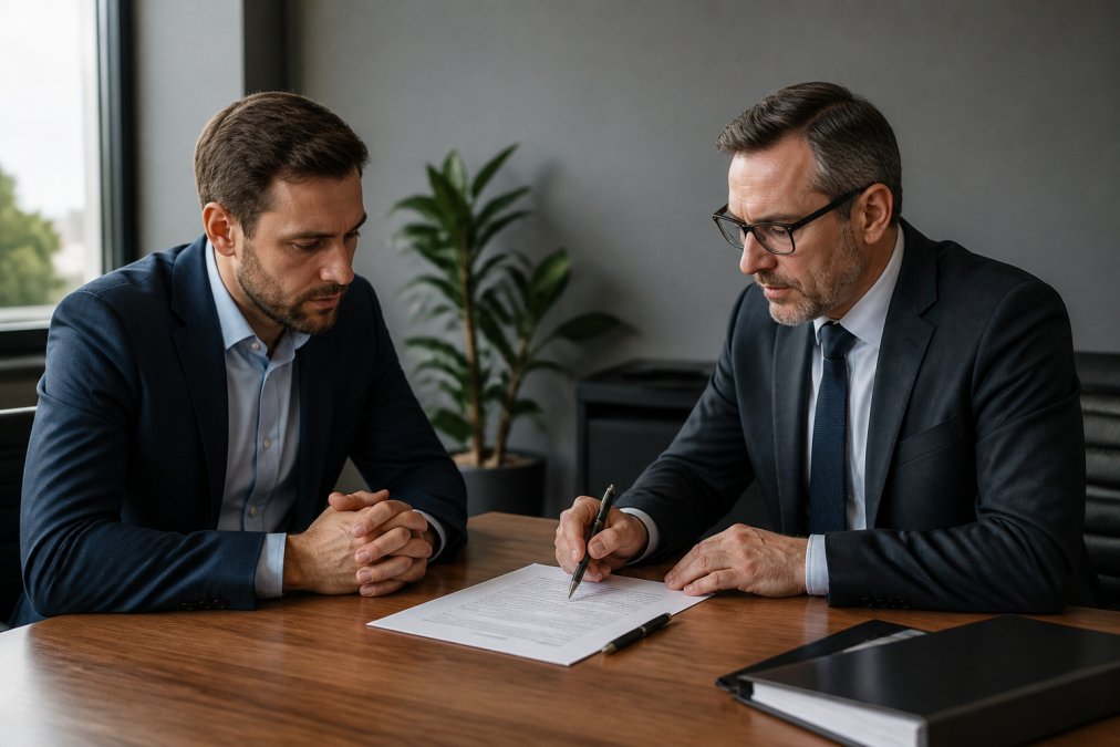 Ein Geschäftsmann und ein Rechtsanwalt sitzen sich an einem Konferenztisch gegenüber und überprüfen gemeinsam ein Vertragsdokument. Im Vordergrund liegt ein Stift auf dem Papier, die Atmosphäre ist konzentriert und professionell