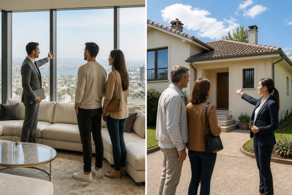 Agent immobilier professionnel présentant une propriété haut de gamme à des clients potentiels dans un salon lumineux avec vue panoramique