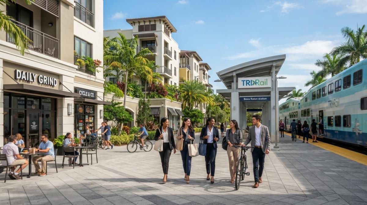Tri-Rail Accessible Apartments for Young Professionals 1 Young professional commuters walking through a modern, walkable Tri-Rail station area with retail shops, cafes, and mid-rise residential buildings visible in the background during bright daytime