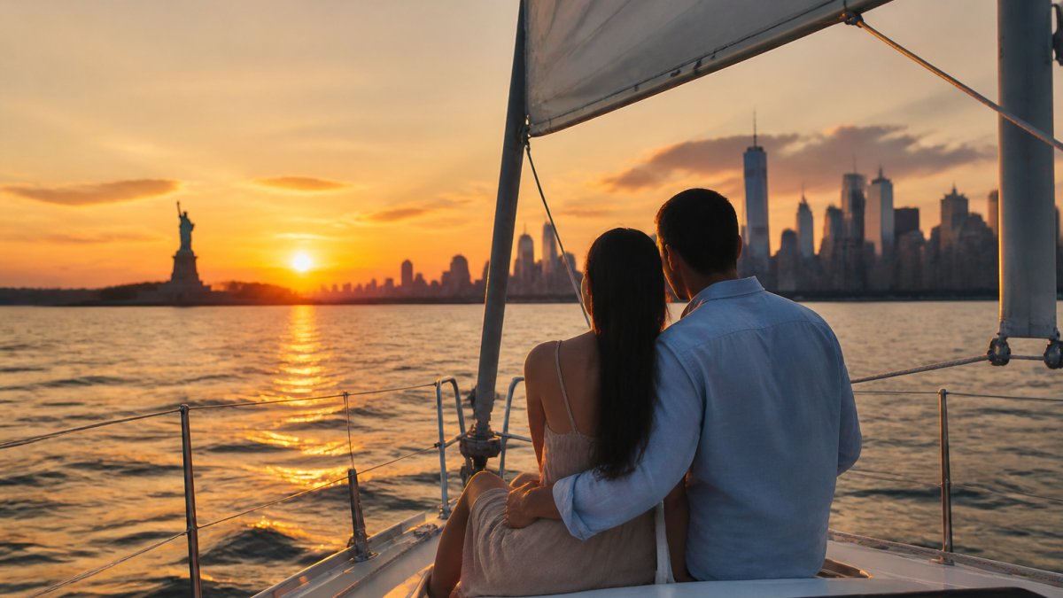 A couple sitting close together on the deck of a private sailboat at golden hour, Manhattan skyline and the Statue of Liberty visible in the background, warm orange light on the water