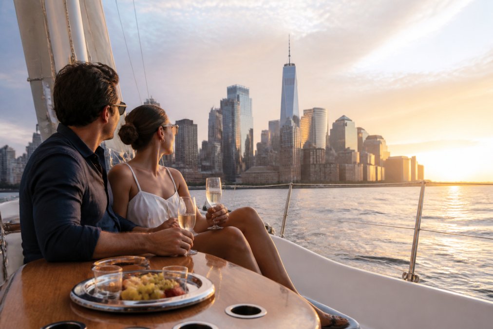A couple relaxing on the open-air deck of a private sailboat at golden hour, with the New York City skyline in the background and champagne glasses on a small table