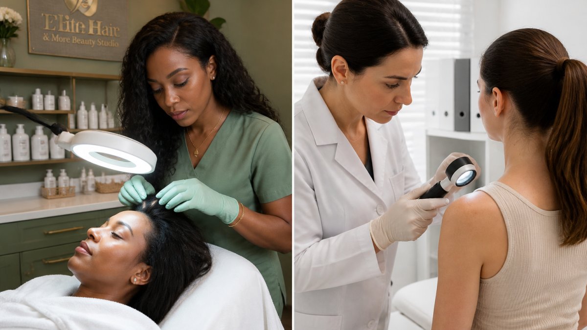 A professional woman in a bright scalp wellness studio examining a client's scalp under a magnifying lamp, with clean white towels and a calm, welcoming treatment room in the background