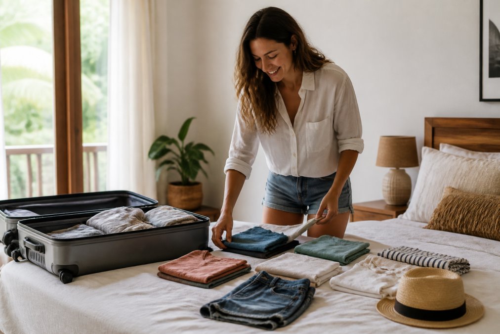A traveler in casual vacation clothing standing with an open suitcase in a bright bedroom, smiling while choosing between folded outfits laid out on the bed